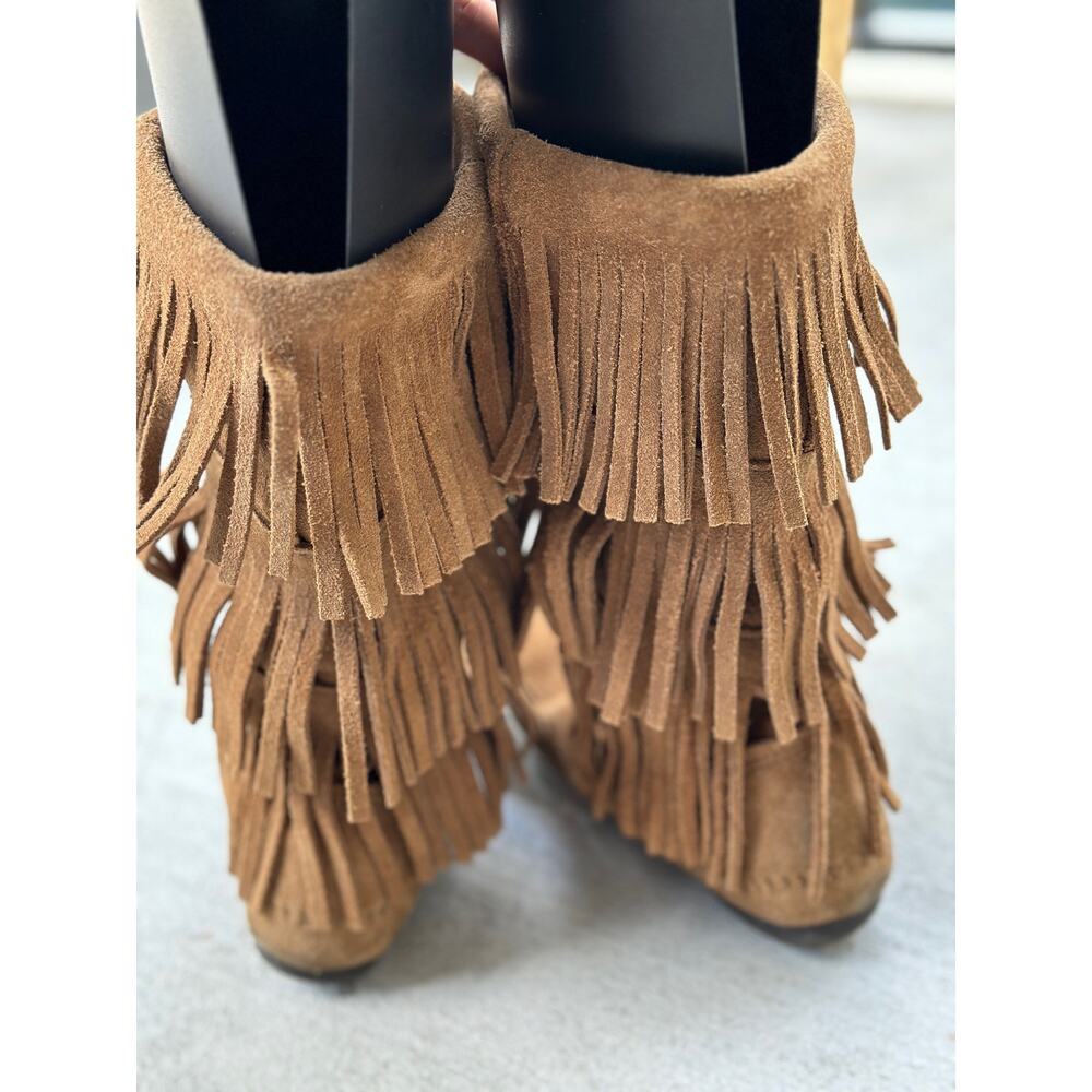 Minnetonka Moccasins 3 Layer Fringe Boot Brown Su… - image 4
